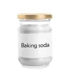 Jar with baking soda on white background