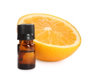 Photo of Bottle of citrus essential oil and fresh orange on white background