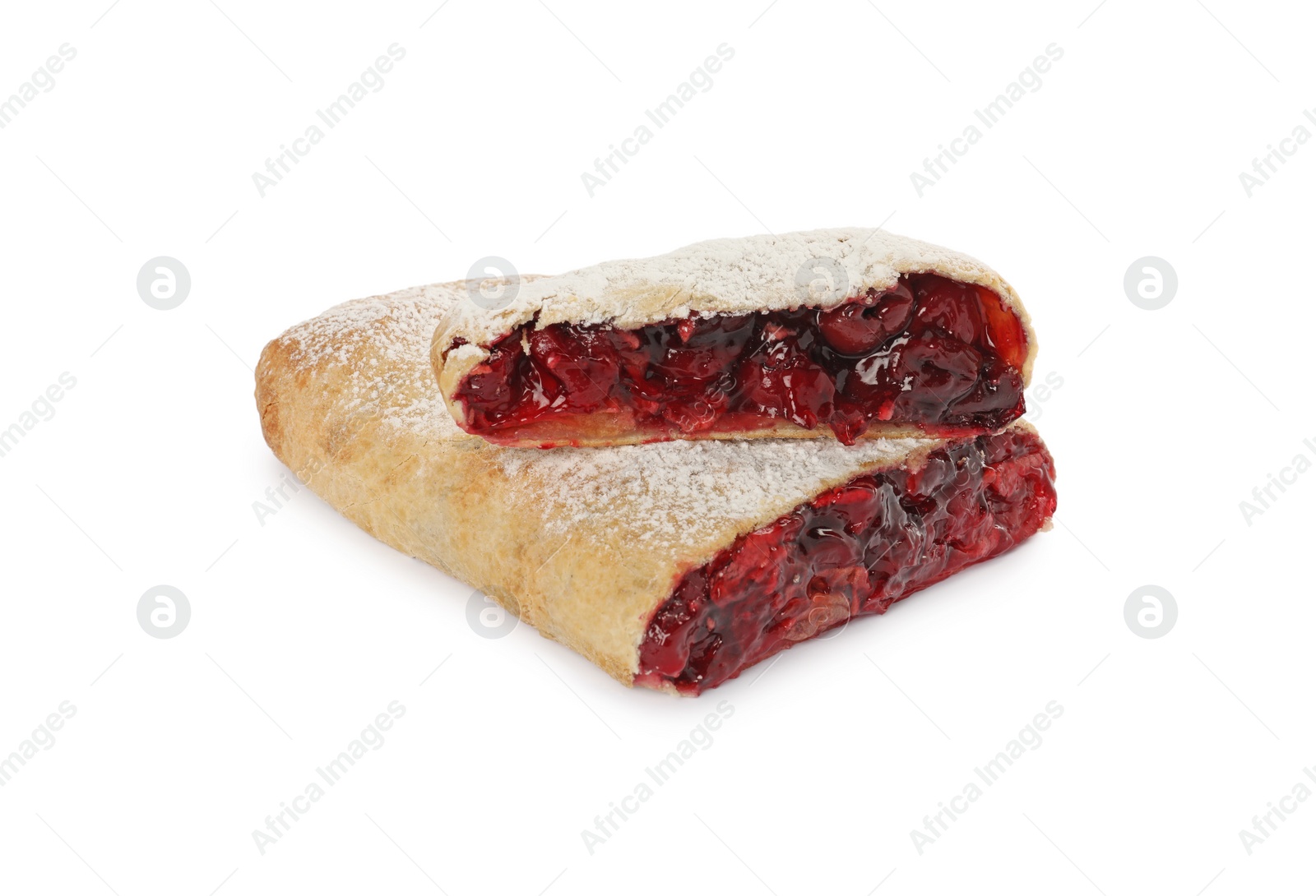 Photo of Delicious cut strudel with cherries isolated on white