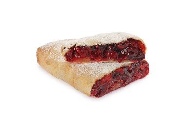 Delicious cut strudel with cherries isolated on white