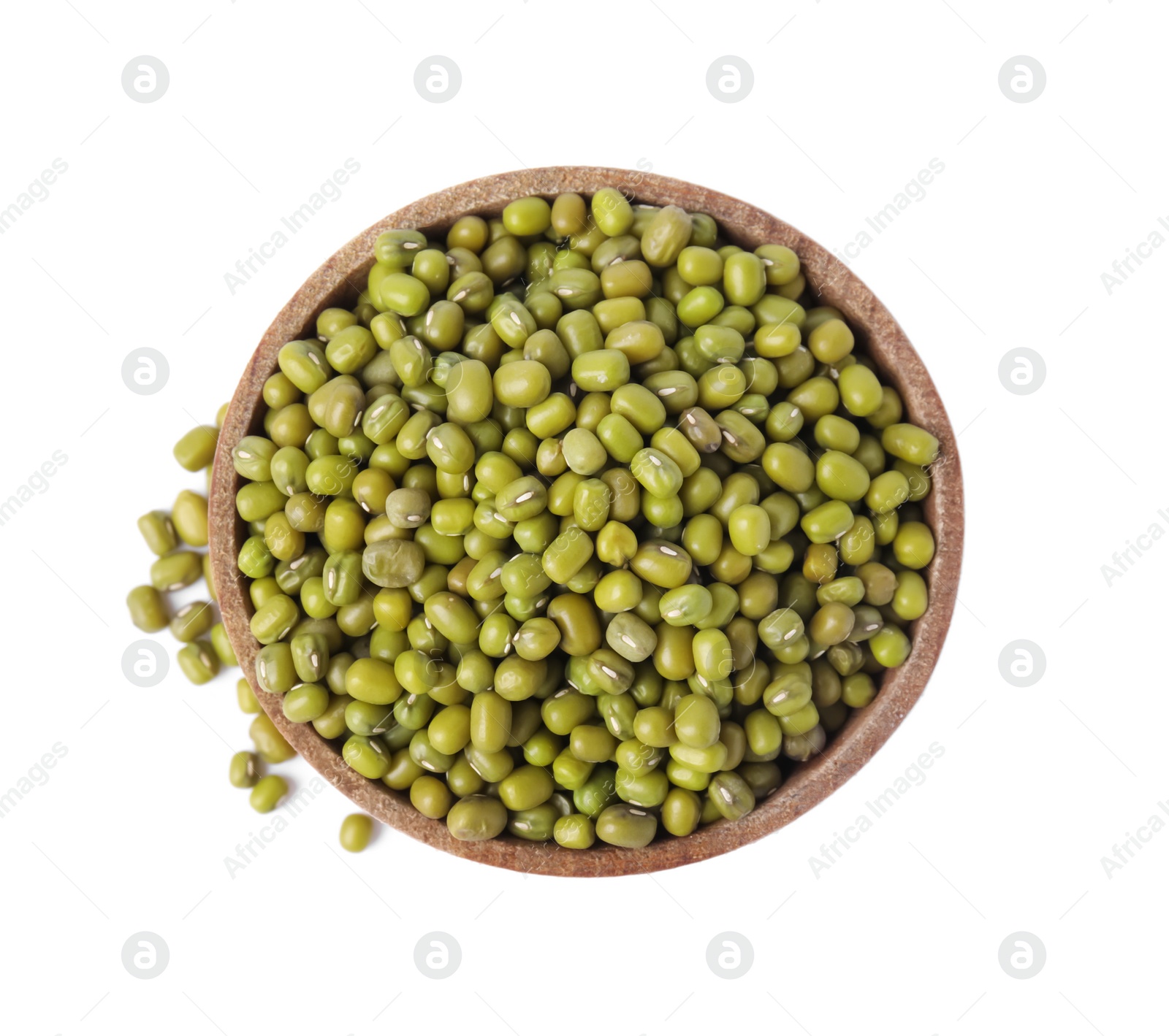 Photo of Wooden bowl with green mung beans isolated on white, top view. Organic grains