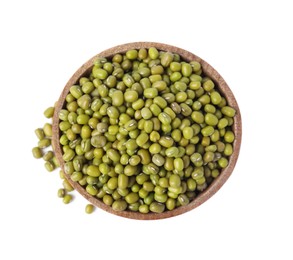 Photo of Wooden bowl with green mung beans isolated on white, top view. Organic grains