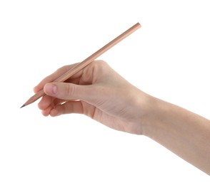 Photo of Woman with graphite pencil on white background, closeup