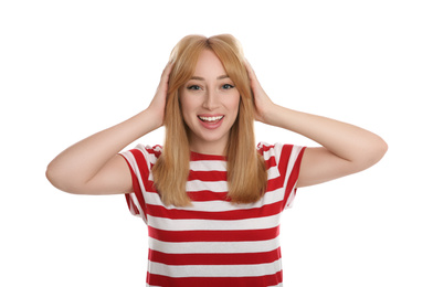 Photo of Portrait of beautiful young woman with blonde hair on white background