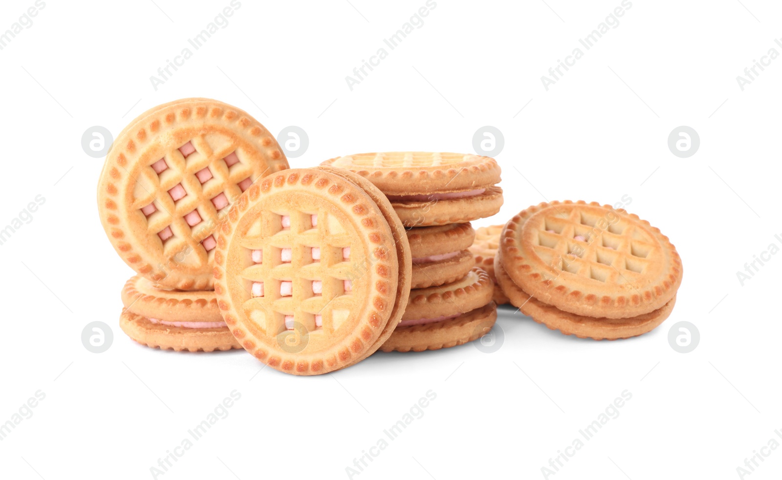 Photo of Many tasty sandwich cookies with cream isolated on white