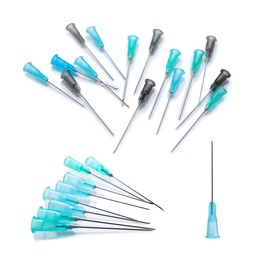 Image of Disposable syringe needles on white background, collage. Medical equipment