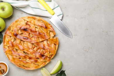 Traditional apple pie and ingredients on light grey table, flat lay. Space for text