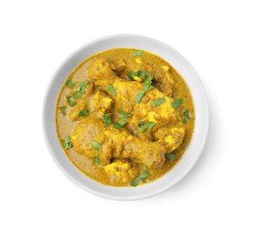 Delicious chicken with curry sauce and basil isolated on white, top view