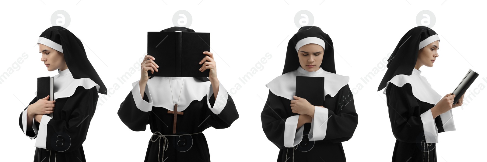 Image of Collage with photos of young nun holding Bible on white background