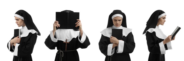Collage with photos of young nun holding Bible on white background