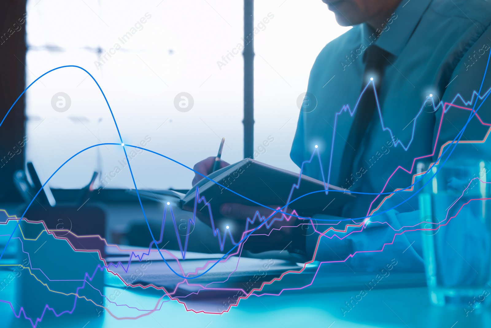 Image of Growth graph illustration and businessman working in office, closeup. Investment concept