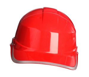 Photo of Red protective hard hat isolated on white. Safety equipment