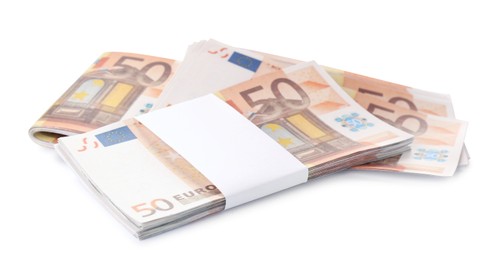 Photo of 50 Euro banknotes on white background. Money exchange