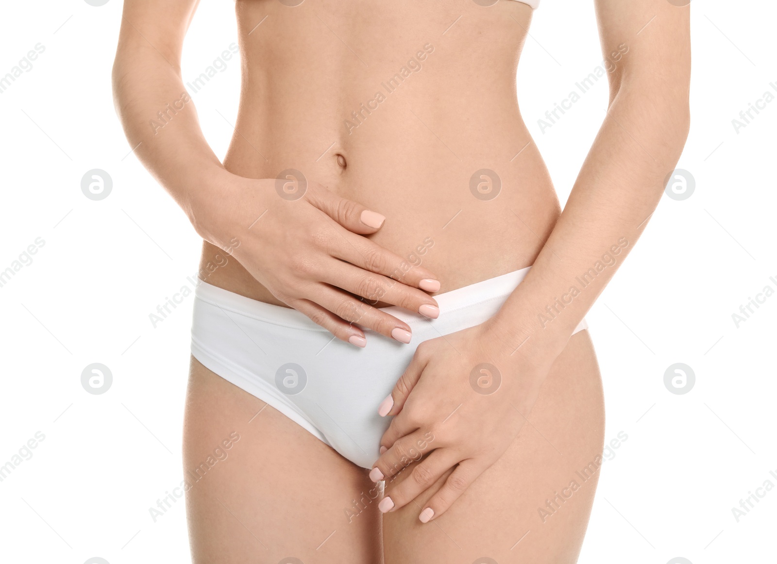 Photo of Young woman showing smooth silky skin after epilation on white background