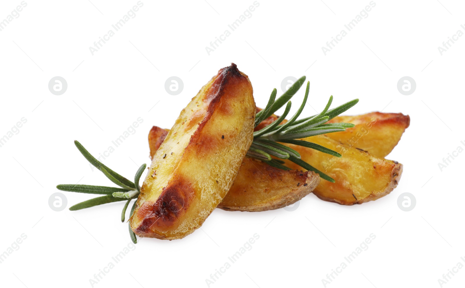 Photo of Tasty baked potato and aromatic rosemary on white background