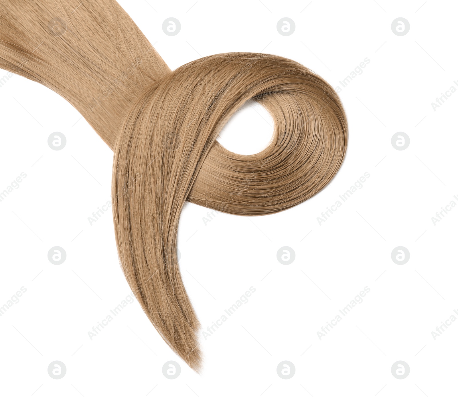 Photo of Lock of light brown straight hair on white background, top view