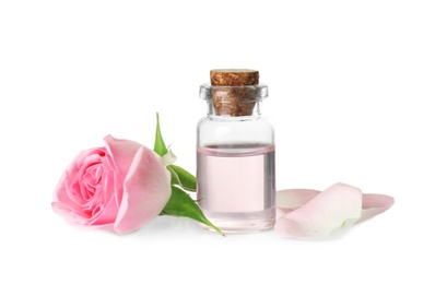 Bottle of essential oil and rose on white background