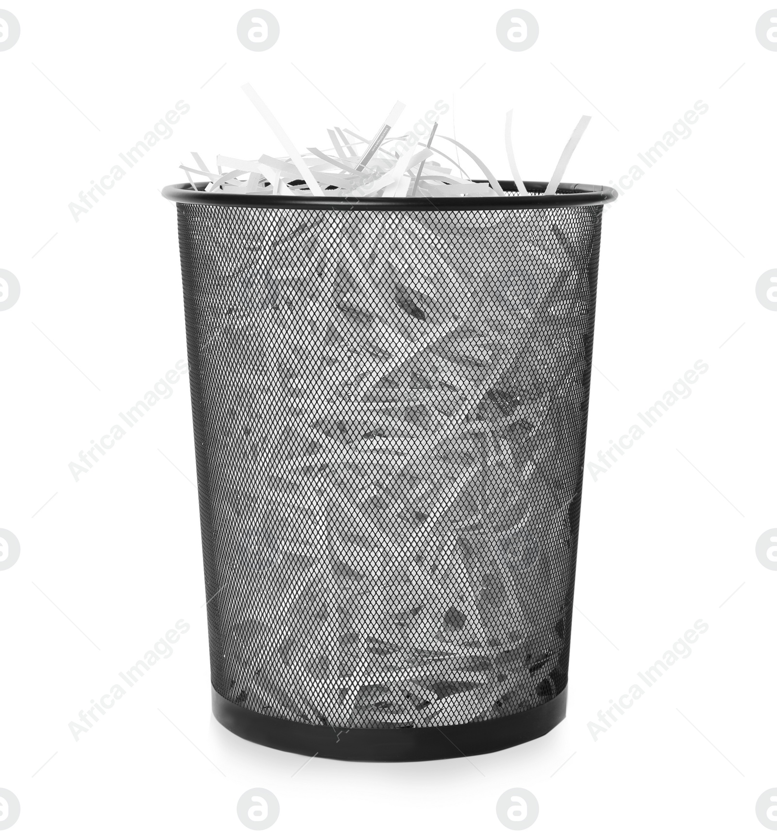 Photo of Trash bin with shredded paper strips isolated on white