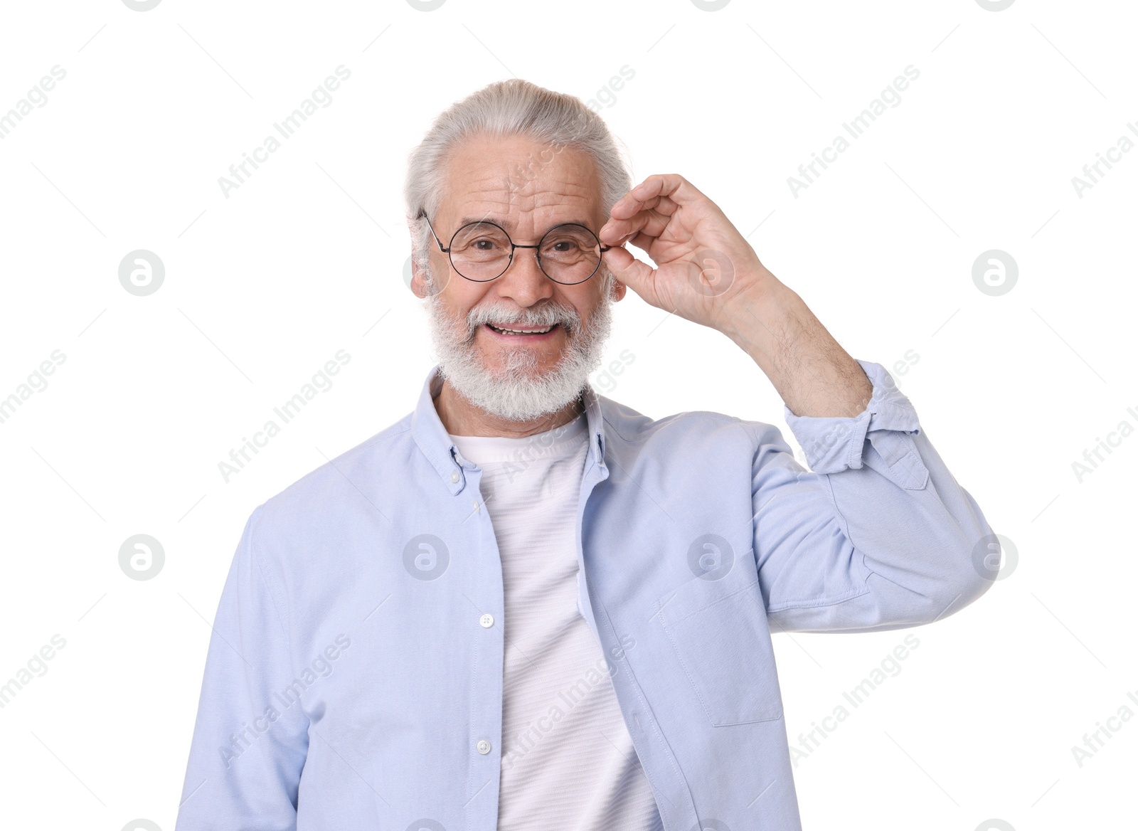 Photo of Portrait of happy grandpa with glasses on white background