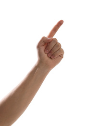 Photo of Man pointing at something against white background, closeup of hand