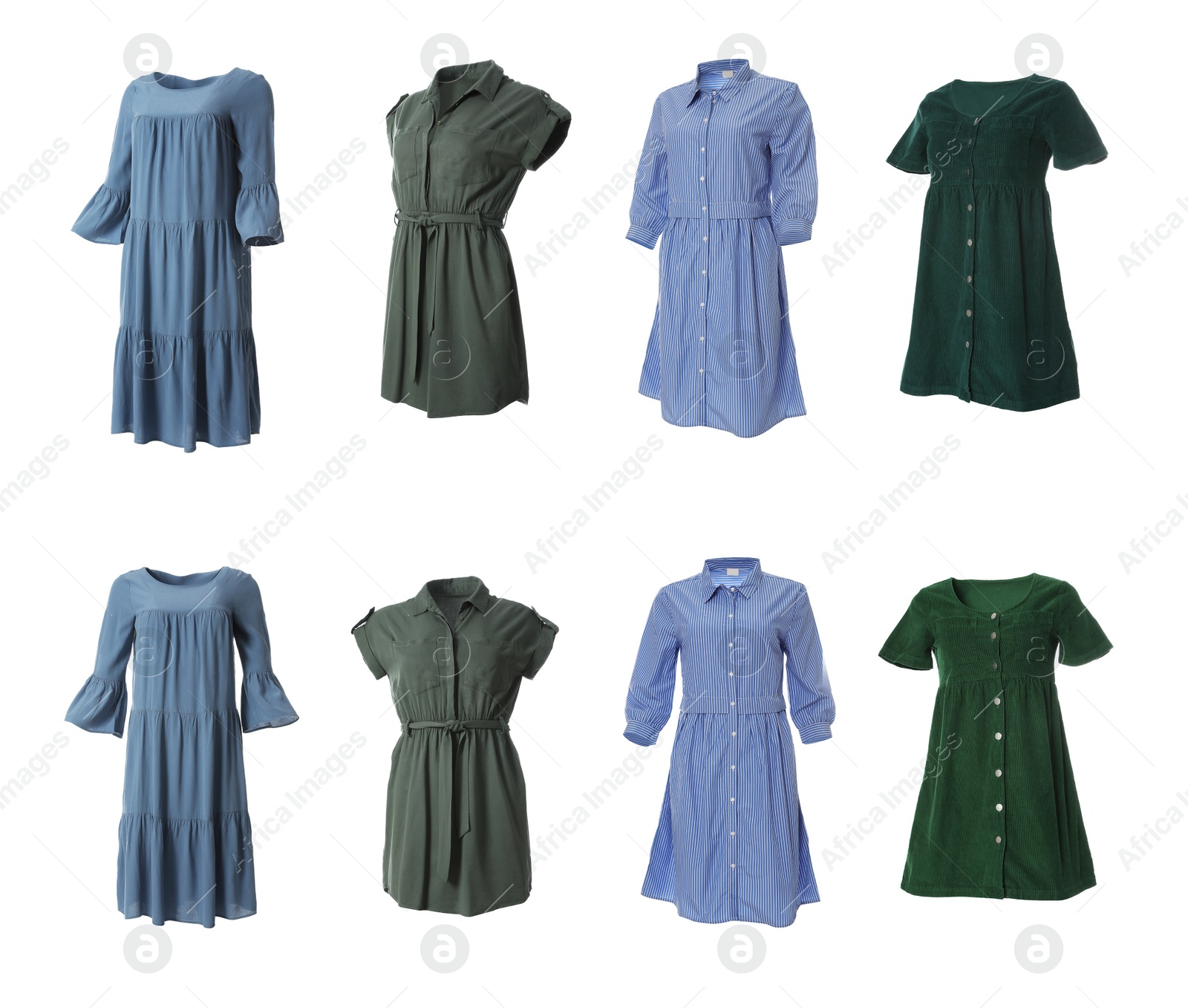 Image of Set of different stylish dresses on white background