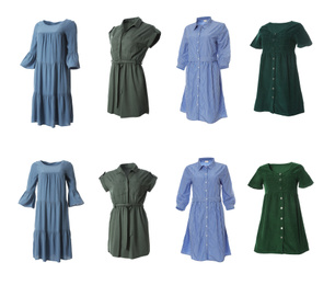 Image of Set of different stylish dresses on white background