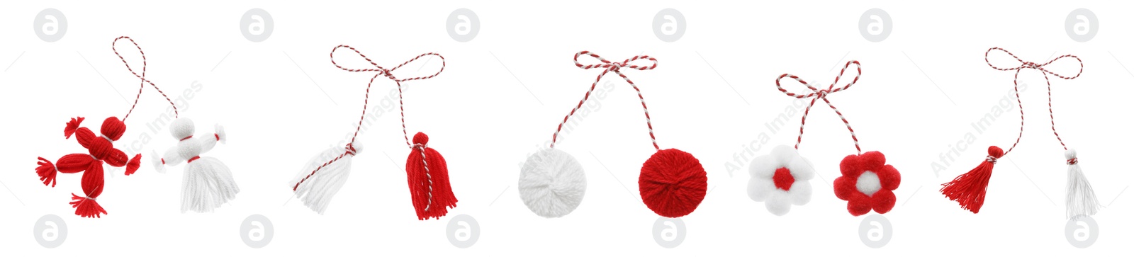 Image of Set with traditional martenitsi in different shapes on white background, banner design. Symbol of first spring day (Martisor celebration)