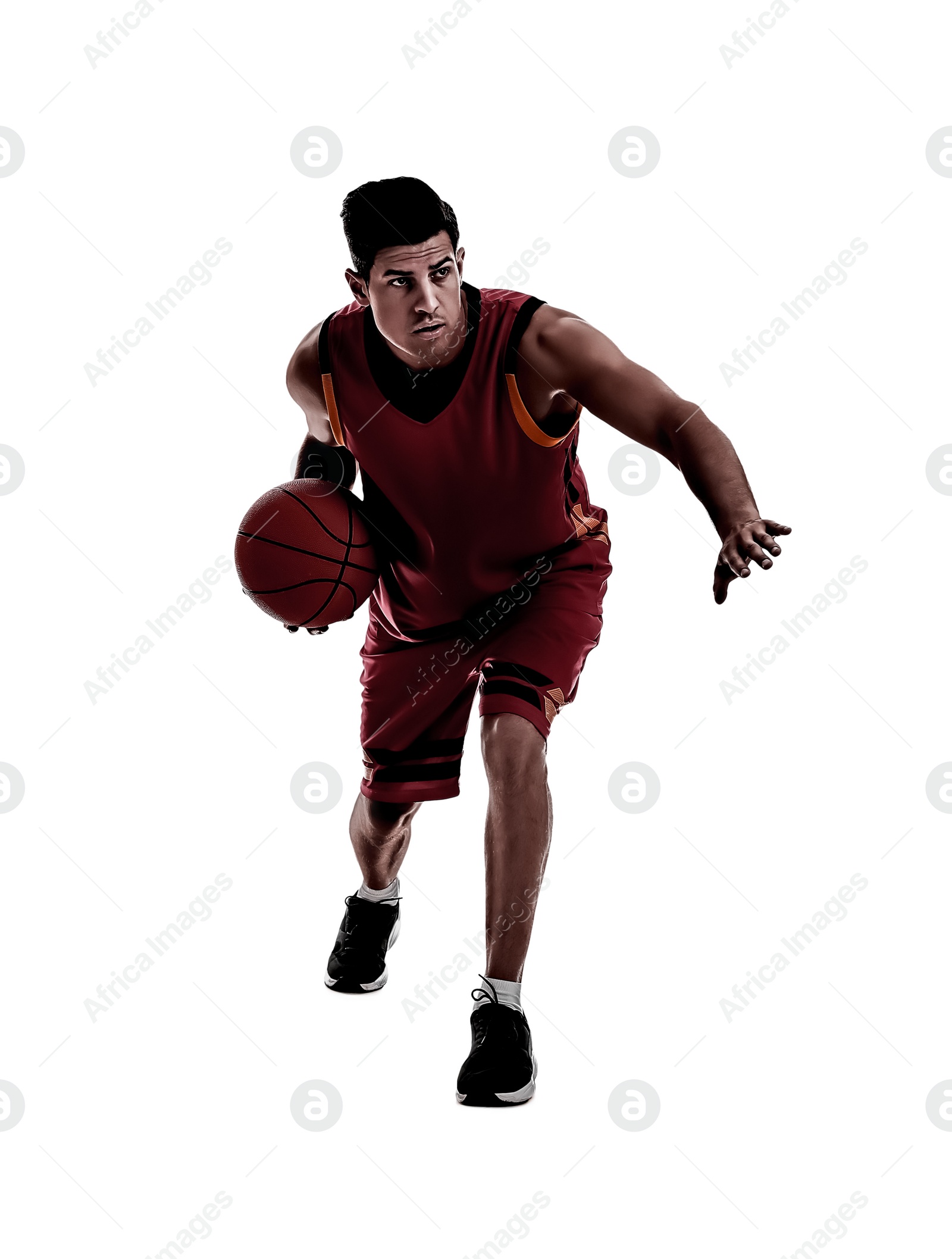 Image of Silhouette of professional sportsman playing basketball on white background