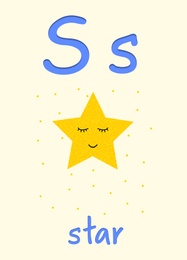 Learning English alphabet. Card with letter S and star, illustration