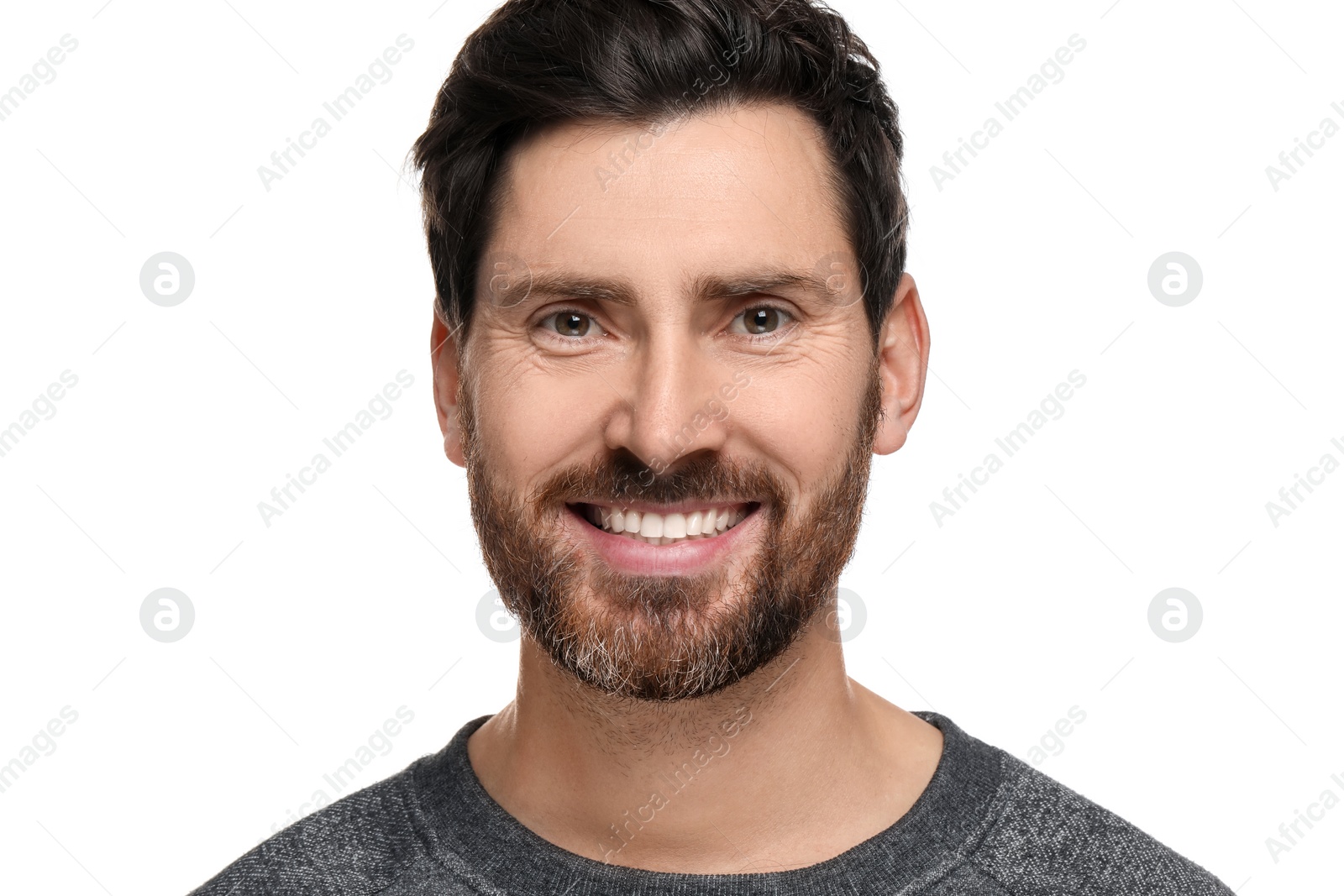 Photo of Smiling man with healthy clean teeth on white background