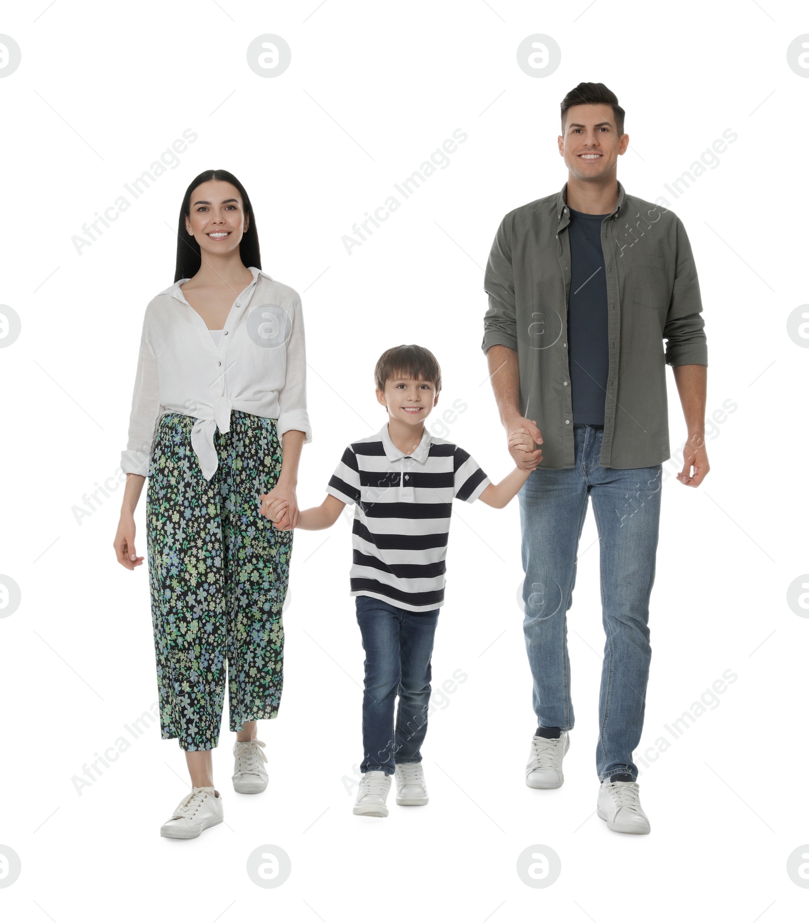 Photo of Little boy with his parents together on white background