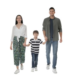 Little boy with his parents together on white background