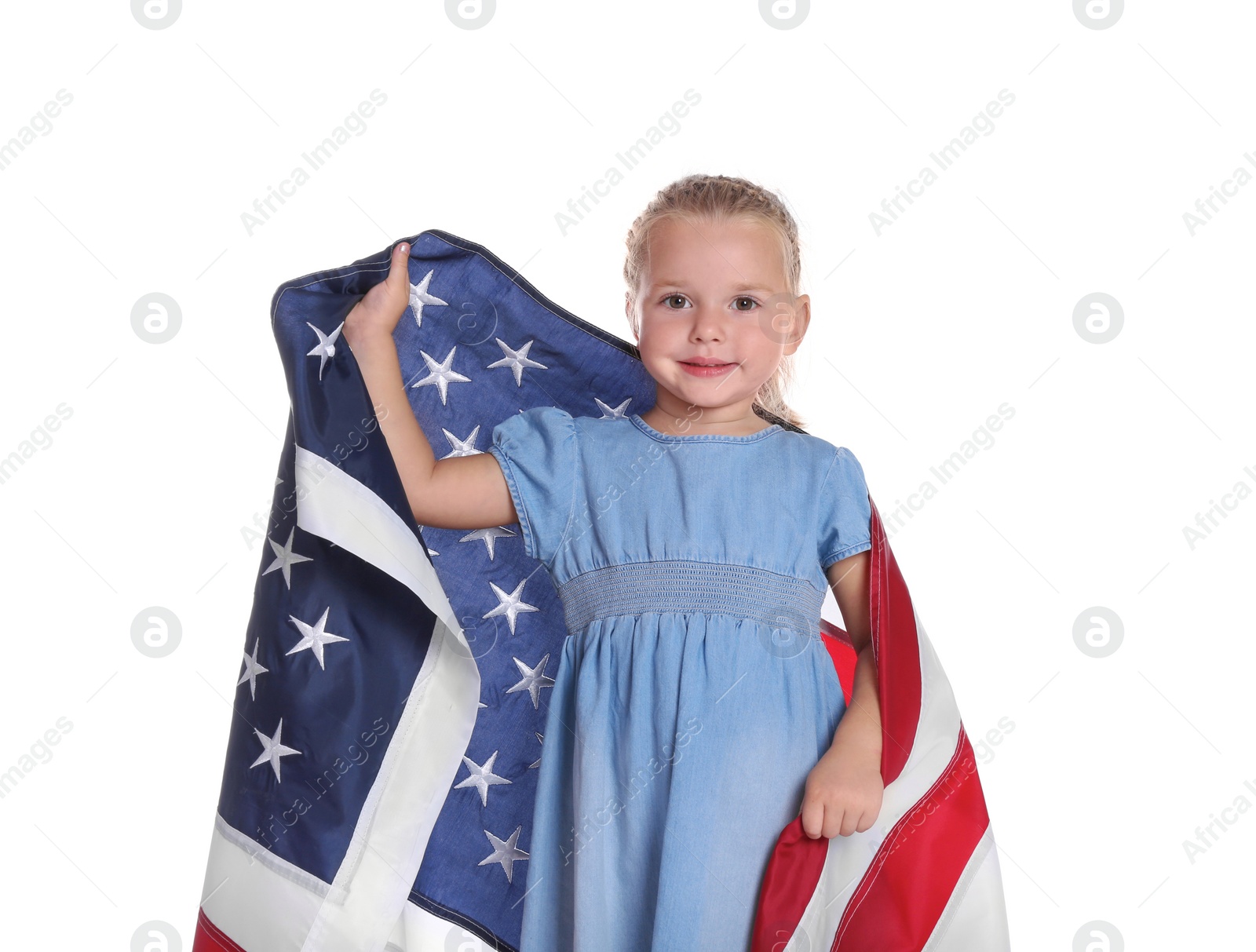 Photo of Little girl with American flag on white background