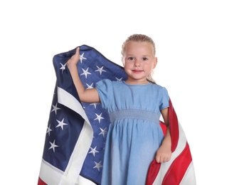 Photo of Little girl with American flag on white background