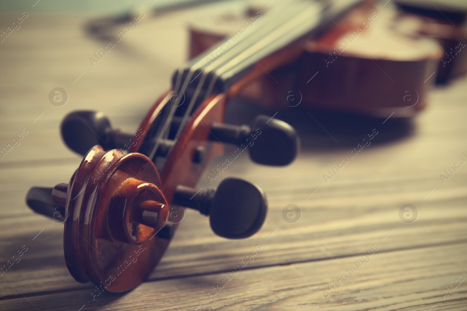 Image of Beautiful classic violin, closeup view. Musical instrument