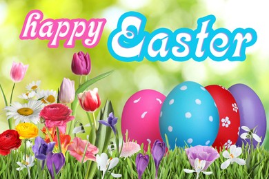 Happy Easter. Bright eggs and spring flowers on green grass outdoors