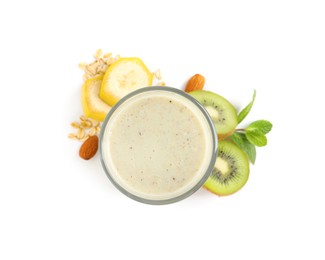 Photo of Glass of tasty oatmeal smoothie and fresh ingredients on white background, top view