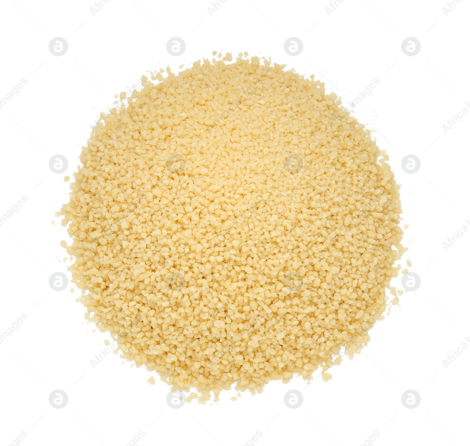 Photo of Pile of raw couscous on white background, top view