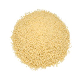 Photo of Pile of raw couscous on white background, top view