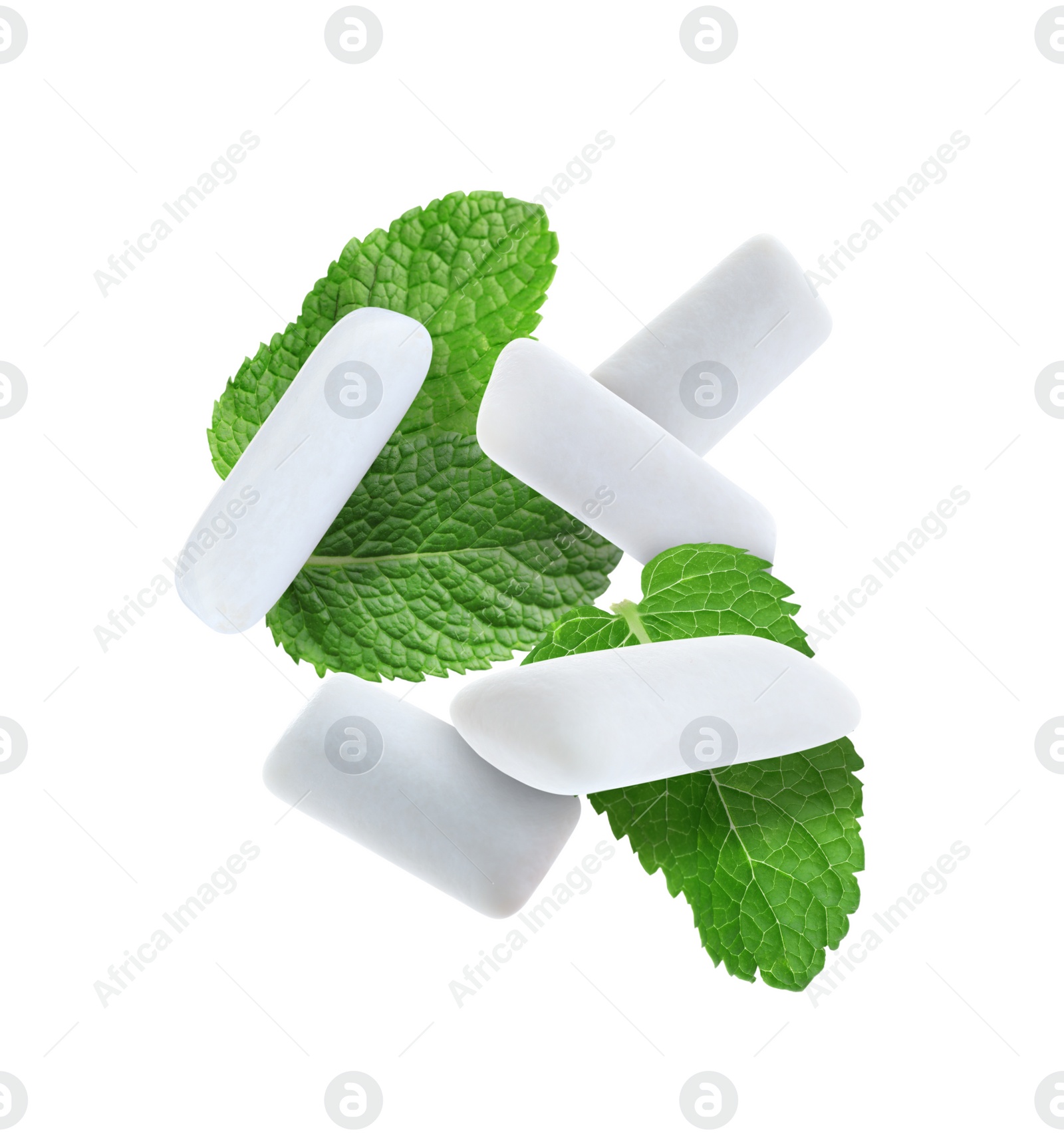 Image of Fresh mint leaves and chewing gum pads falling on white background