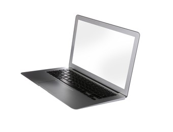 Photo of Modern laptop with blank screen isolated on white