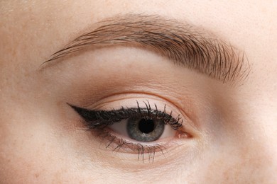 Makeup product. Woman with black eyeliner and beautiful eyebrow, closeup