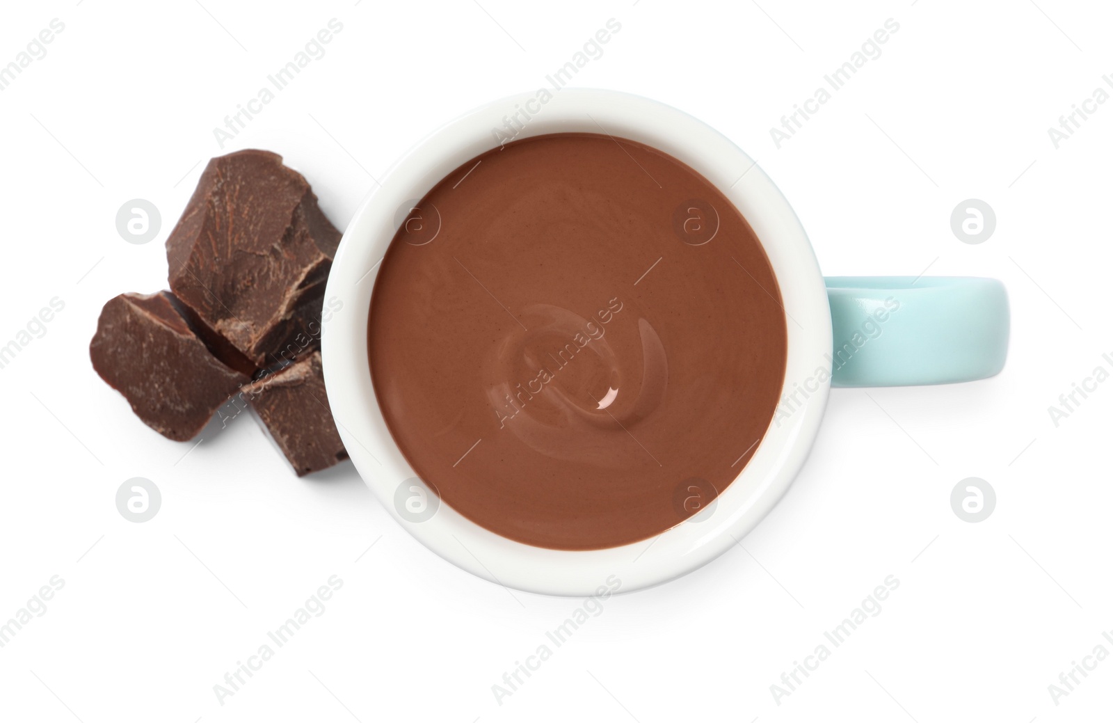 Photo of Yummy hot chocolate in cup on white background. top view