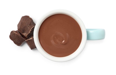 Yummy hot chocolate in cup on white background. top view