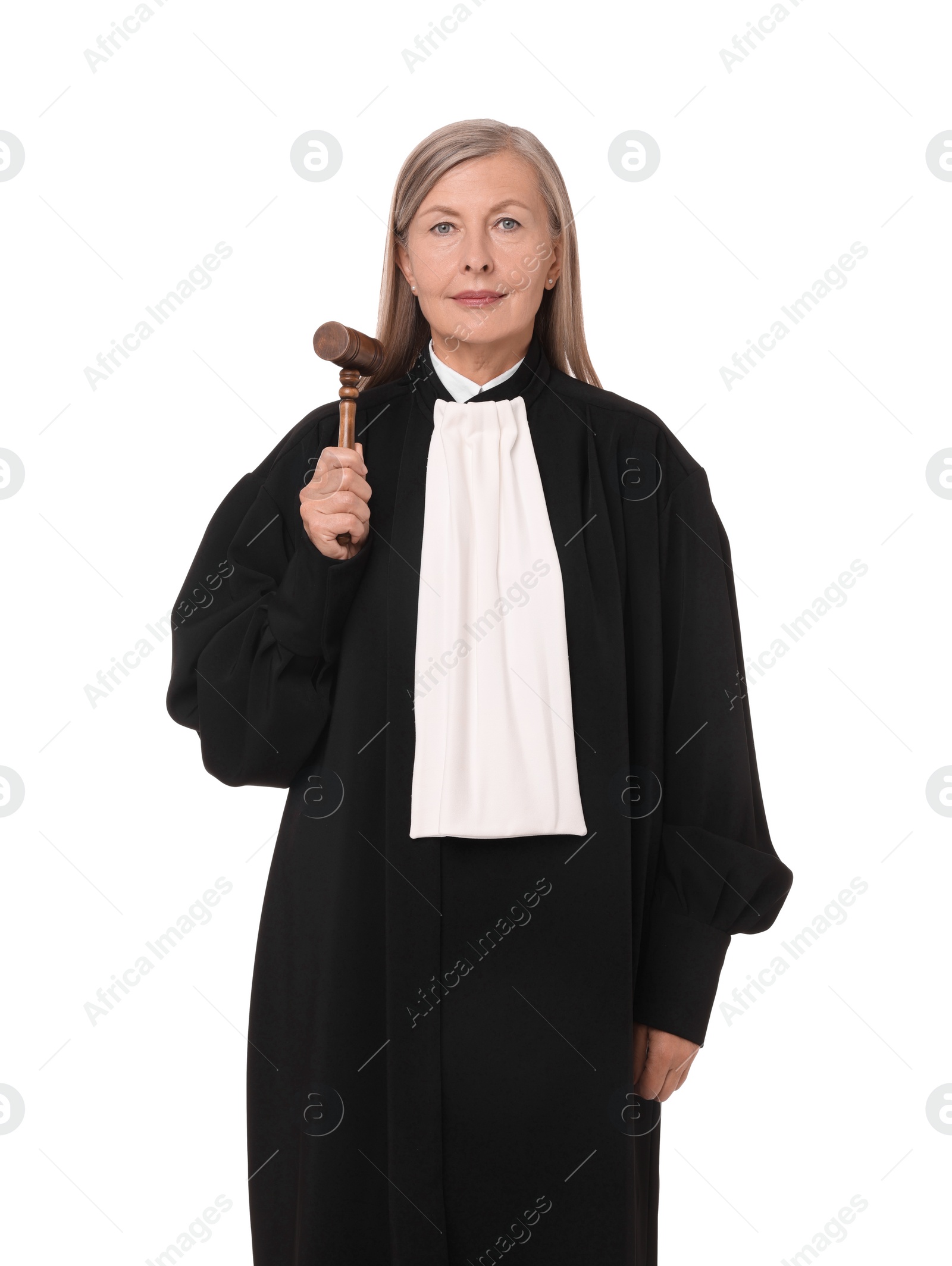 Photo of Beautiful senior judge with gavel on white background