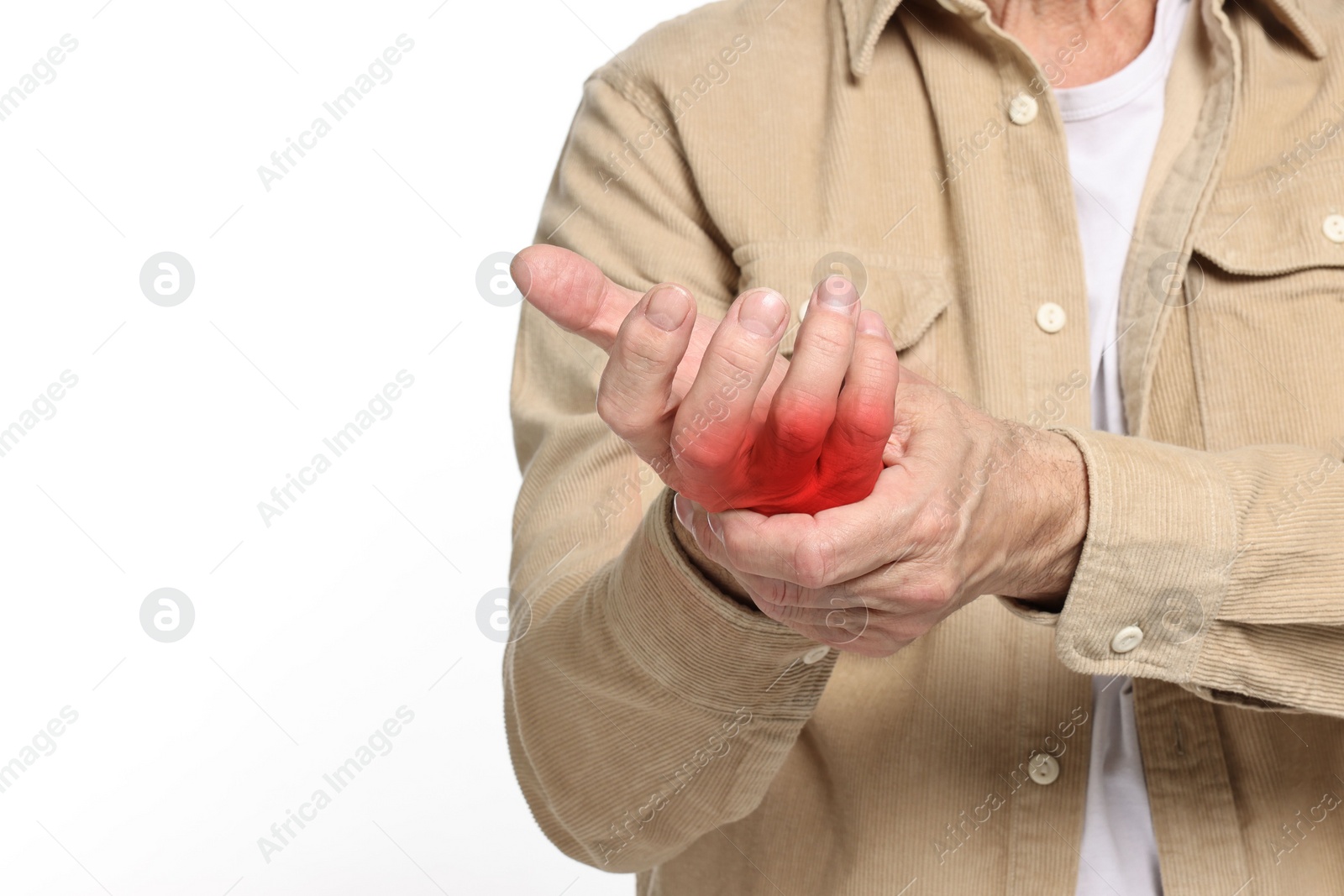 Image of Man suffering from pain in wrist on white background, closeup