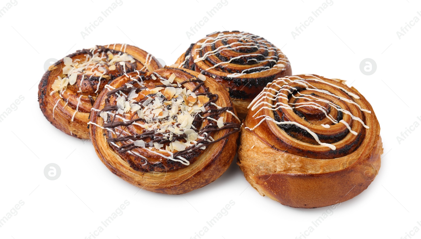 Photo of Different delicious rolls isolated on white. Sweet buns