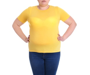 Overweight woman on white background, closeup. Weight loss