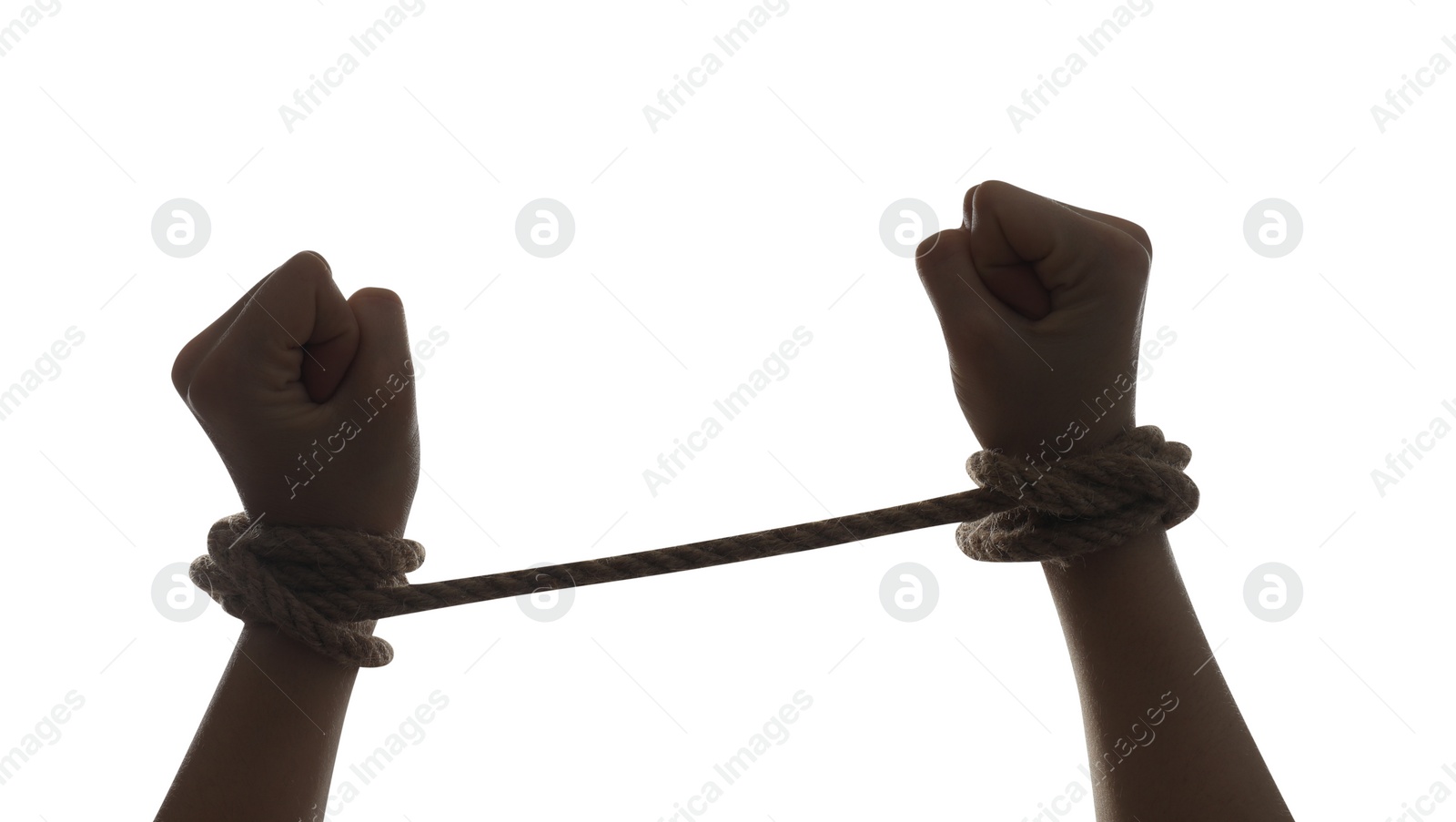 Photo of Freedom concept. Woman with tied arms on white background, closeup