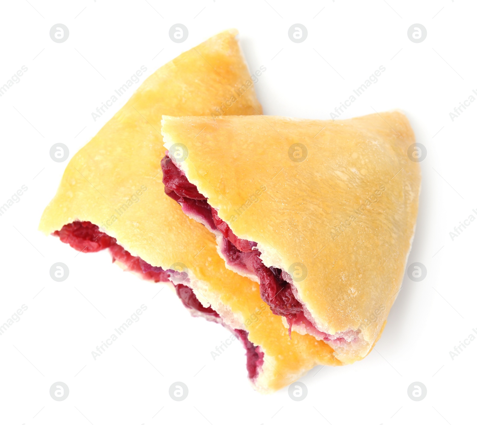 Photo of Tasty samosa with berry filling isolated on white, top view